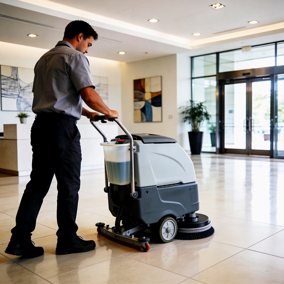 Cleaner operating a professional floor scrubber in a commercial building lobby